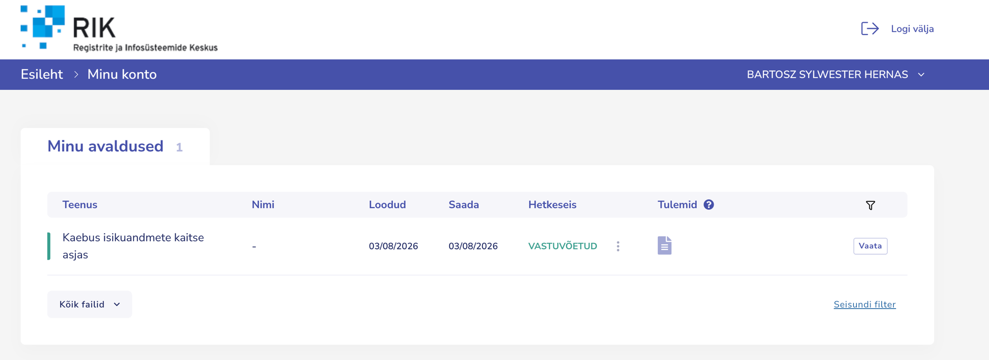Estonian state portal showing the lodged data-protection complaint with the status “accepted.”