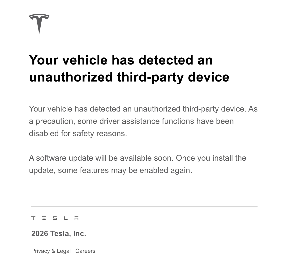 Tesla email: Your vehicle has detected an unauthorized third-party device