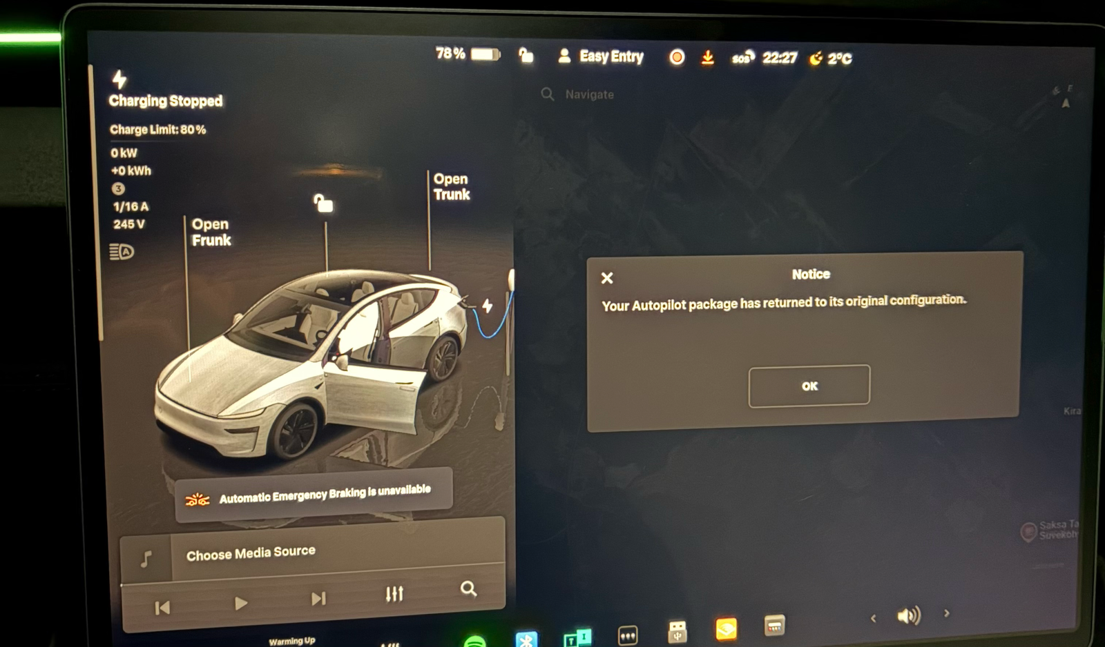 In-car notice: Your Autopilot package has returned to its original configuration