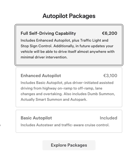Tesla ordering system showing Full Self-Driving Capability at €6,200