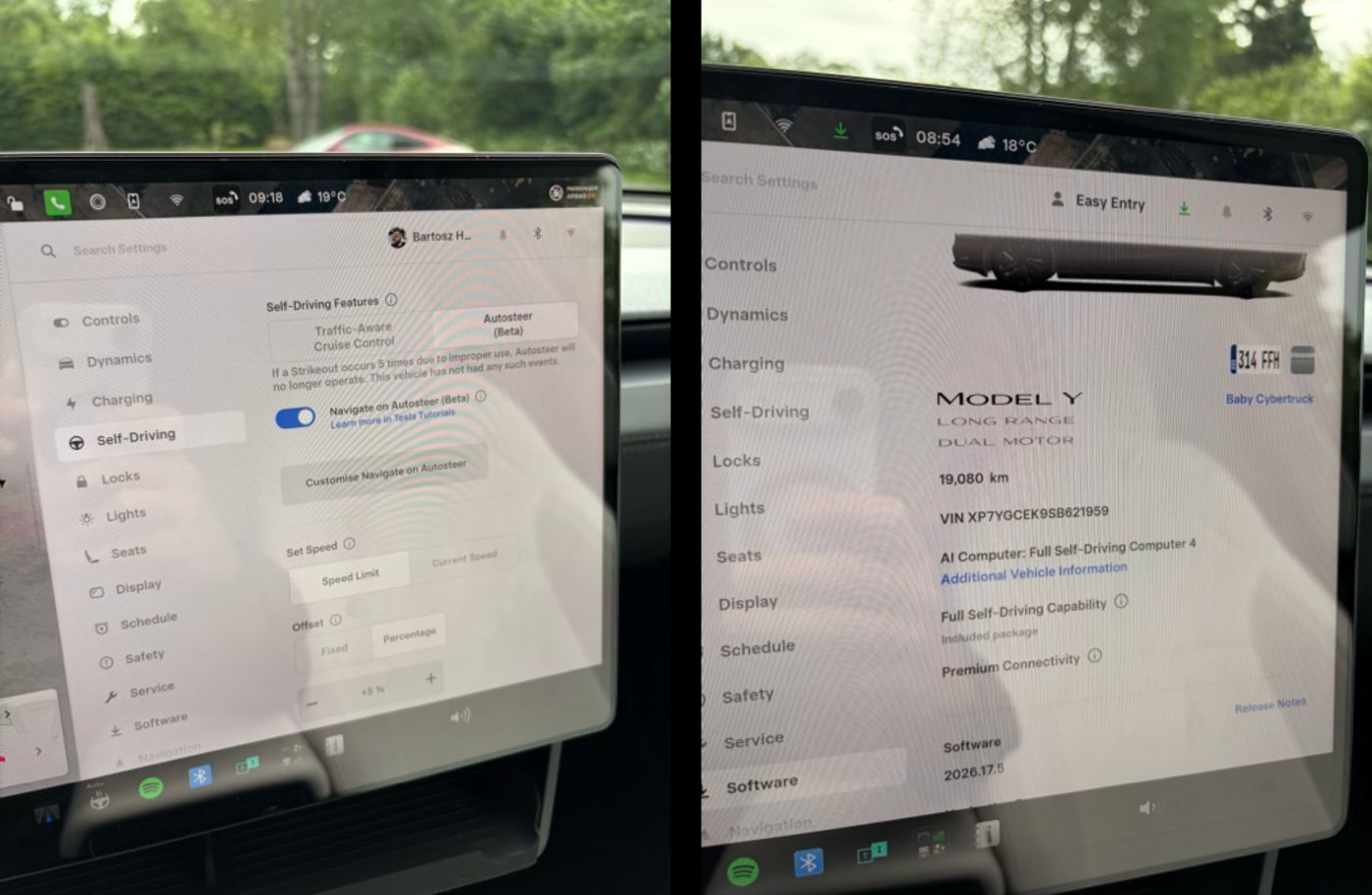 Car settings showing FSD listed as an included package while the feature is unavailable